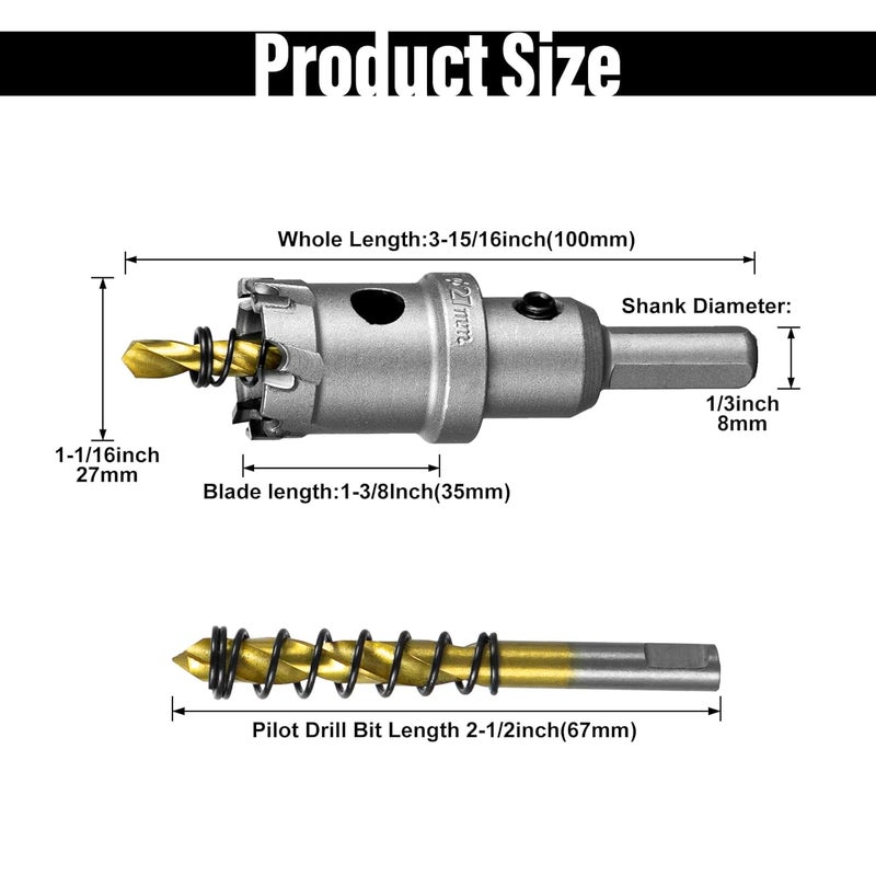 SALI 1-1/16" (27mm) TCT Hole Saw Kit Tungsten Carbide Tipped Hole Saw Drill Bit with Titanium-Plated Pilot Drill bit for Metal, Stainless Steel, Iron, Wood, Plastic - Image 3